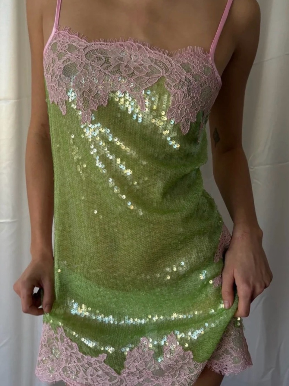 Pink Trim Green Sequin Mini Slip Dress